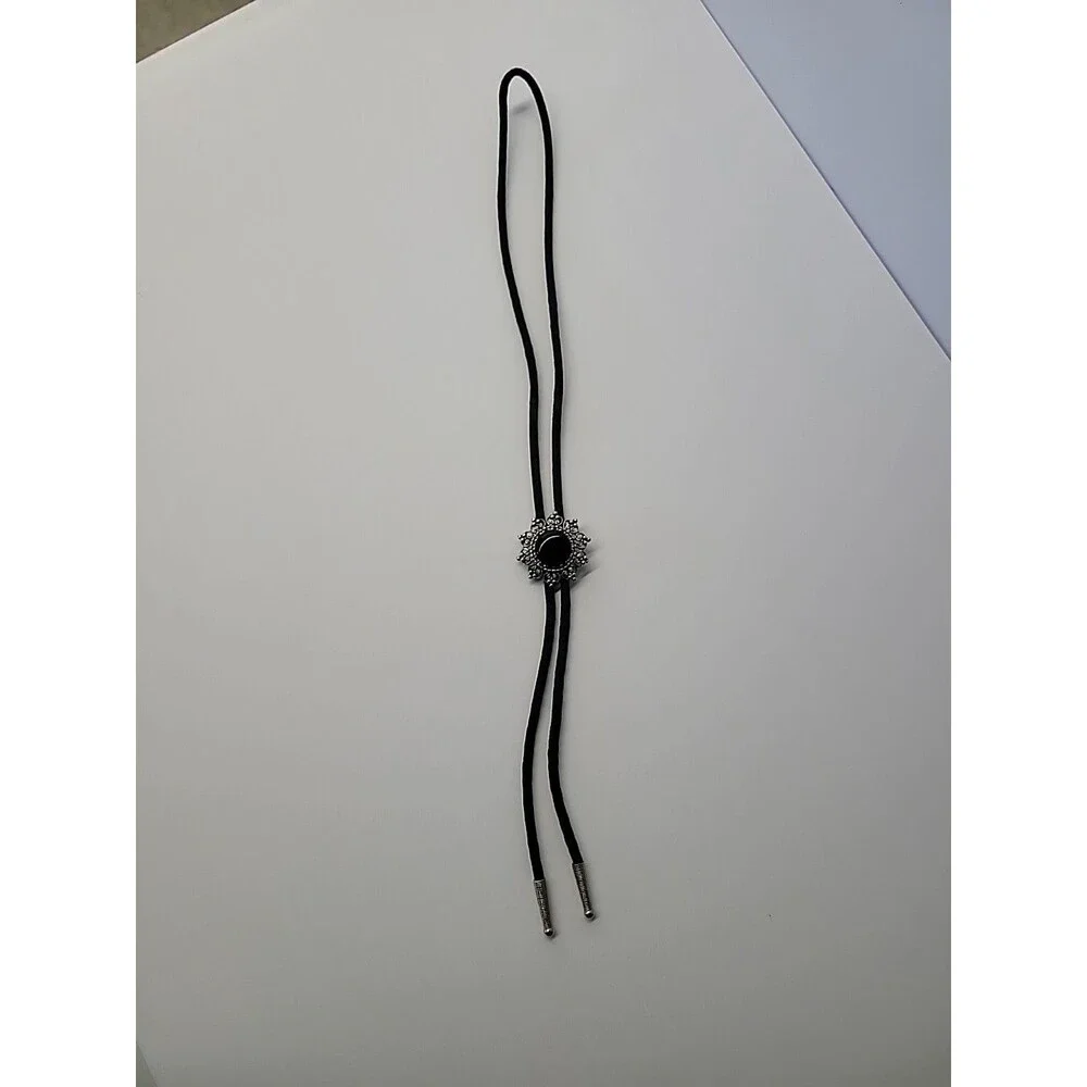 Black Bolo‎ Necklace Silver Tone Filigree Black Cabochon Western Cord Slide